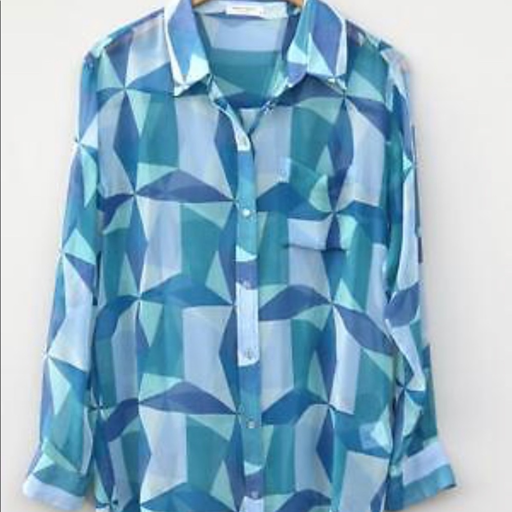 Equipment Geometric Silk Sheer Blue Blouse S